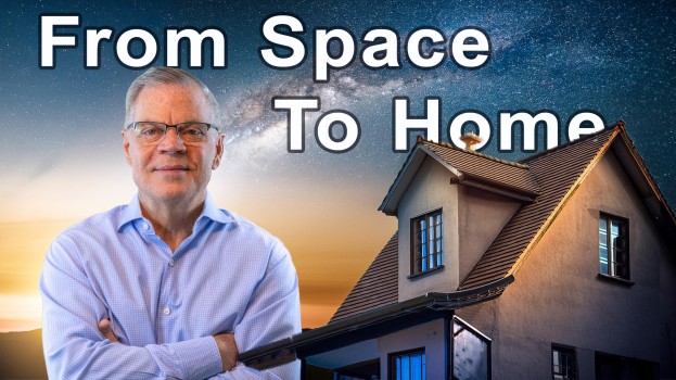 Man in glasses and blue shirt standing confidently with arms crossed next to a modern home under a starry sky. Text reads 'From Space to Home,' symbolizing the use of NASA technology in residential energy solutions.