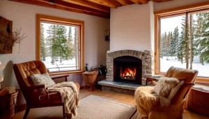 Cozy living room with a lit fireplace, wooden beams, and large windows overlooking a snow-covered forest landscape, creating a warm and inviting atmosphere for winter.