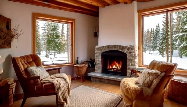 Cozy living room with a lit fireplace, wooden beams, and large windows overlooking a snow-covered forest landscape, creating a warm and inviting atmosphere for winter.